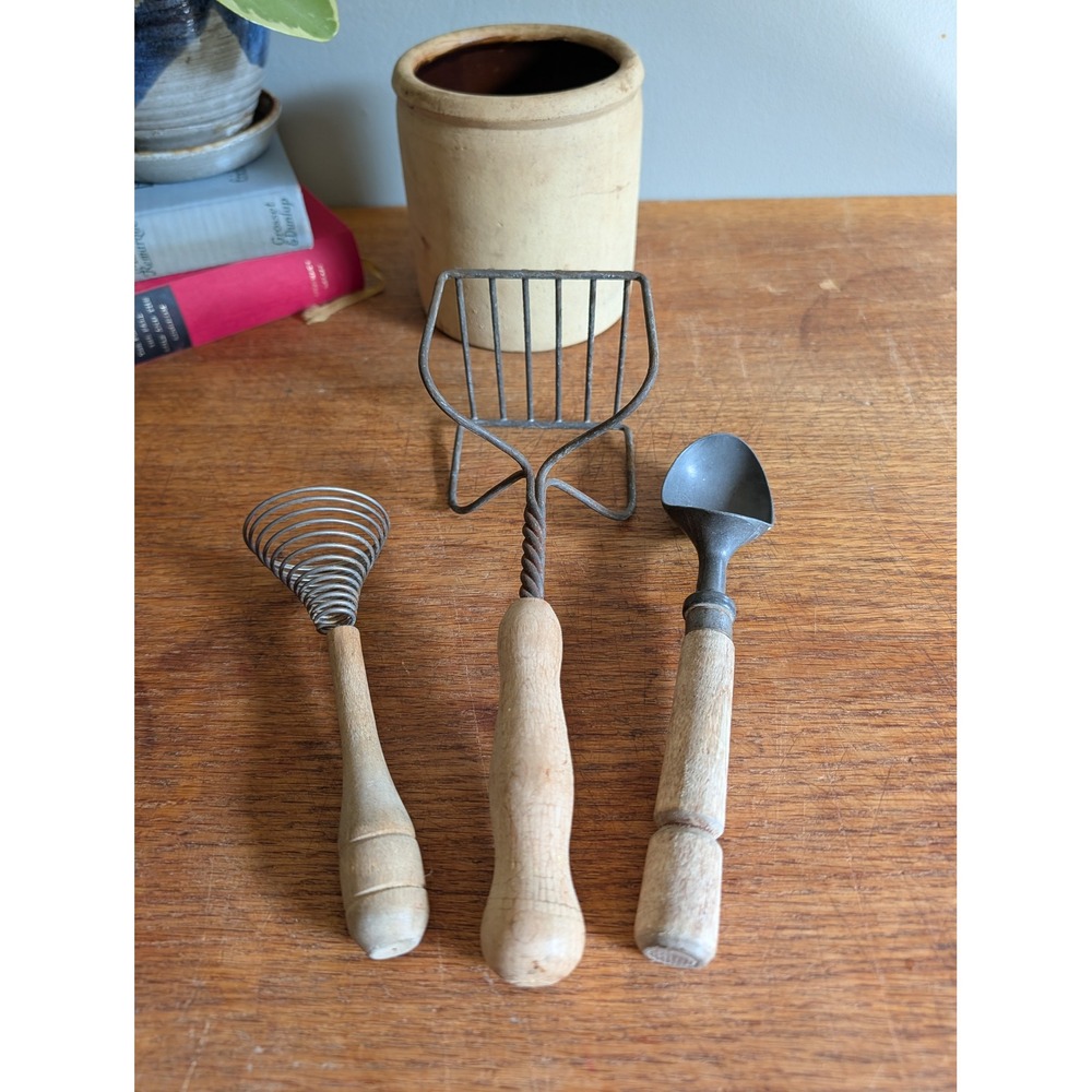 Vintage Primitive Kitchen Tool Set Wood Handle Whisk Masher Ice Cream Scoop